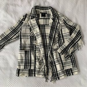 Bershka Cream and Black Plaid Fringe Overcoat